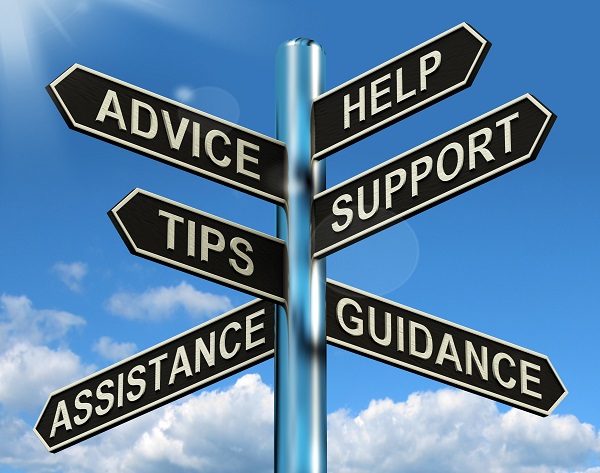 Signposts that read: advice, tips, assistance, help, support, guidance