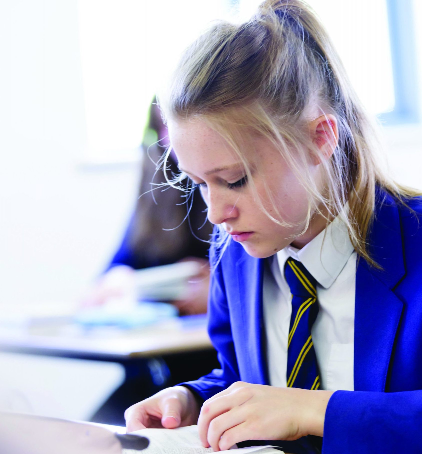 A girl sitting at a desk, looking at a worksheet