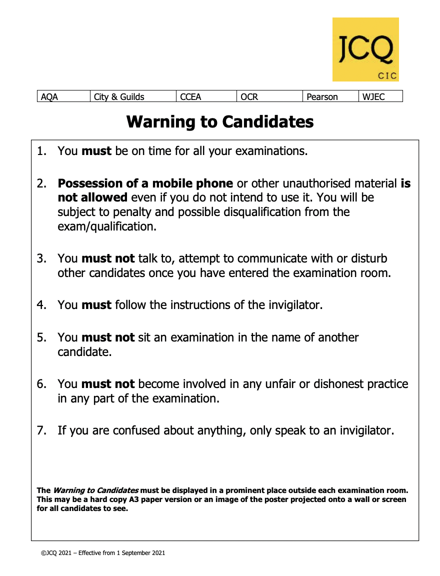 Warning to candidates poster