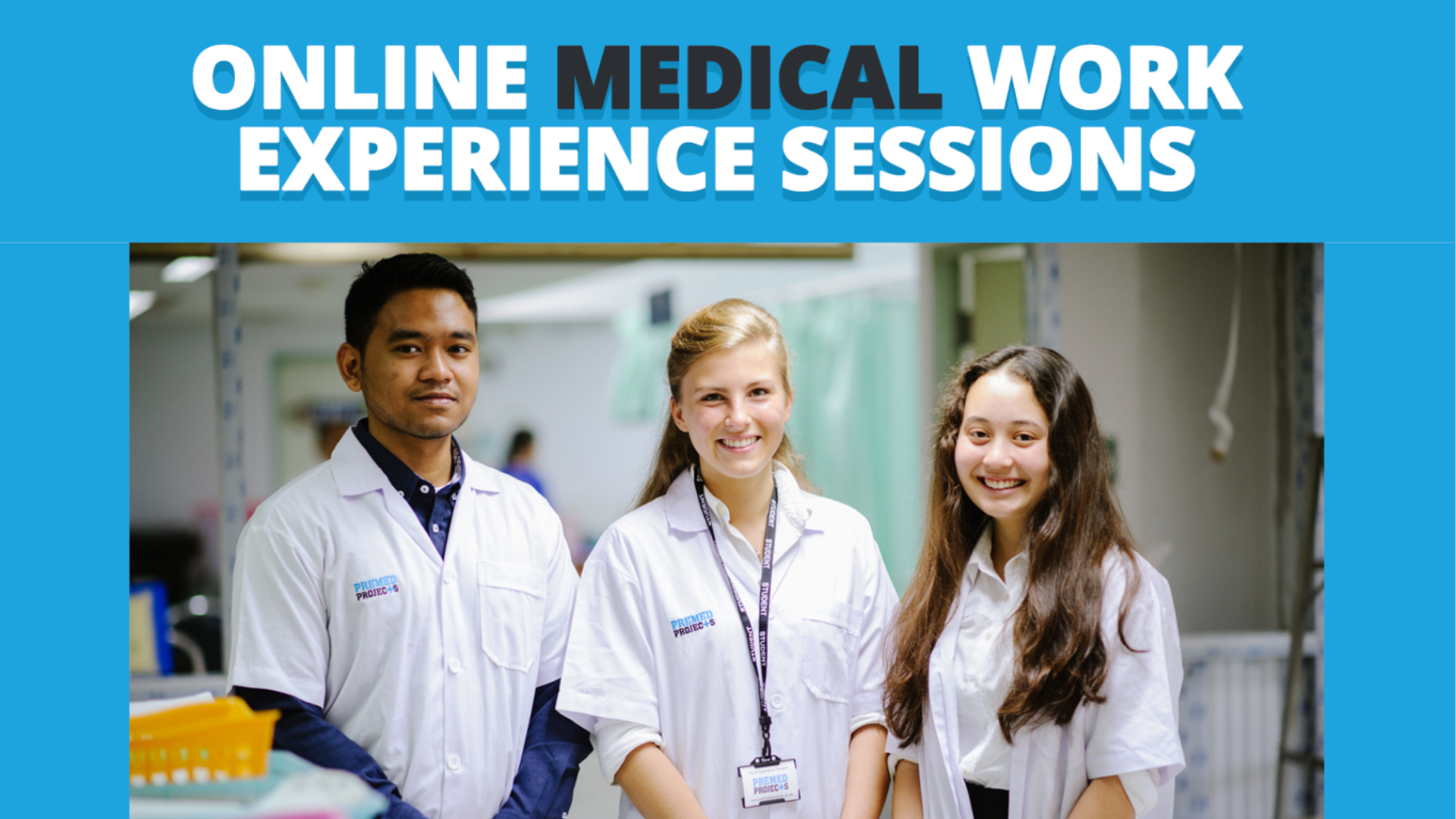 3 young people wearing medical scrubs, smiling at the camera