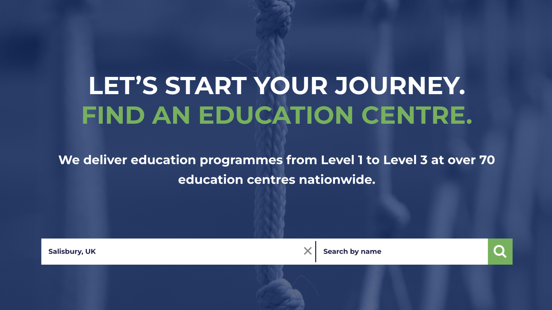 Blue background, white and green text reads: Let's start your journey. Find an education centre.