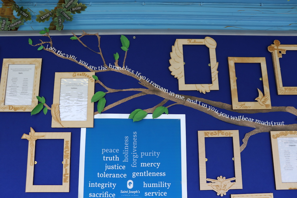 School corridor with posters on the walls, trees painted on the walls and the branches spreading up onto the ceiling, and paper leaves stuck on the branches. Text on one branch reads: "I am the vine, you are the branches. If you remain in me, and I in you, you will bear much fruit"